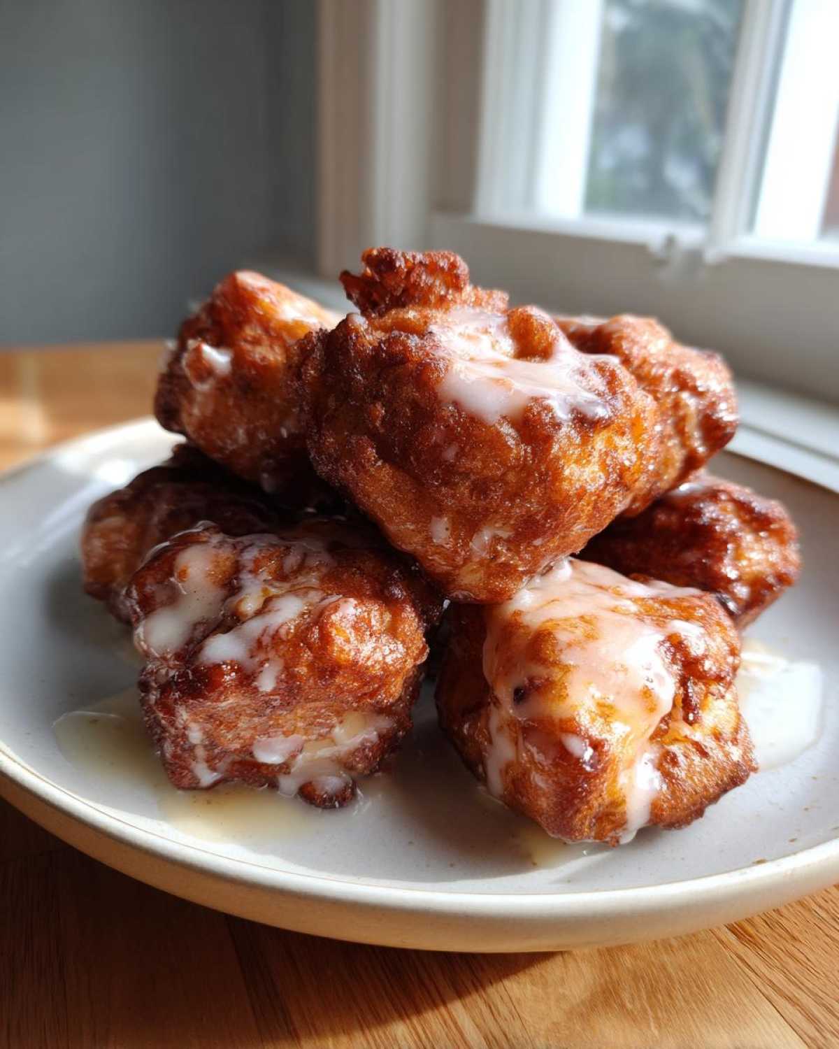 A stack of golden brown, fried apple fritter bites drizzled with white glaze, sitting on a light plate.