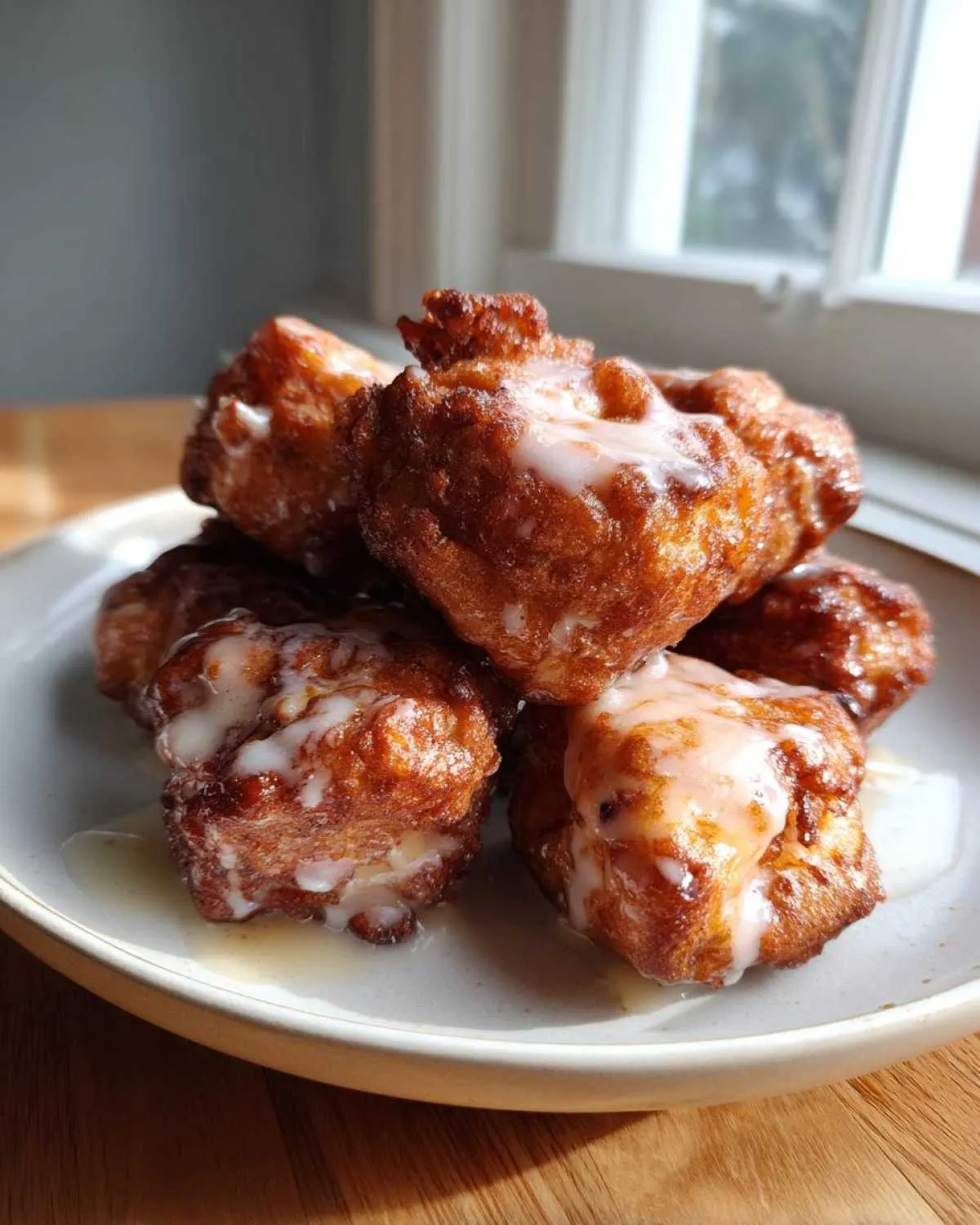 A stack of golden brown, fried apple fritter bites drizzled with white glaze, sitting on a light plate.