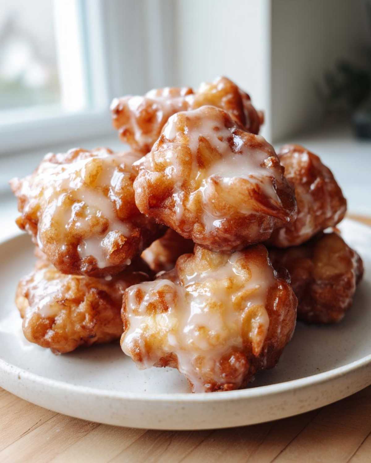 A close-up stack of golden brown, freshly fried apple fritter bites drizzled with a sweet white glaze.