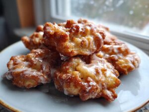 A stack of golden brown, glazed apple fritter bites resting on a light blue plate near a window.