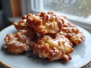 A stack of golden brown, glazed apple fritter bites resting on a light blue plate near a window.
