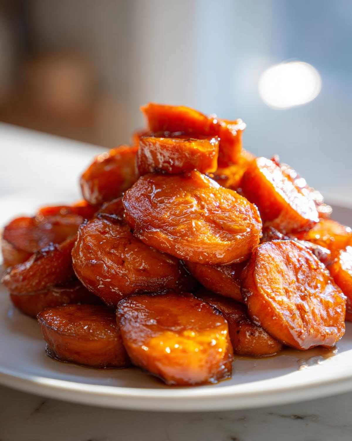 A close-up, appetizing stack of glossy, glazed candied sweet potatoes on a white plate.