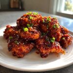 A pile of crispy, glazed korean fried chicken pieces topped with sesame seeds and chopped green onions.