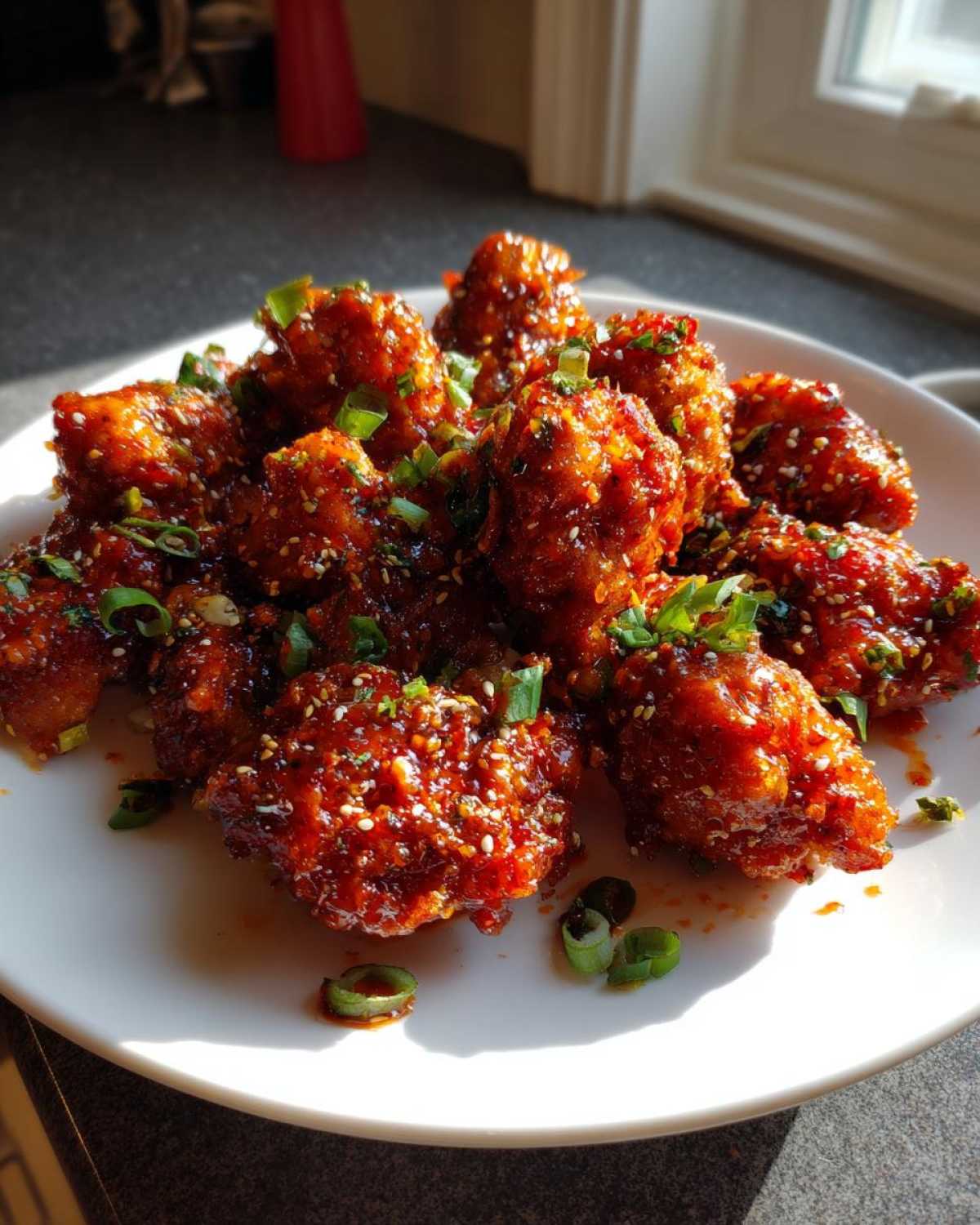 A plate piled high with crispy, glossy, red-glazed korean fried chicken pieces, garnished with sesame seeds and chopped green onions.