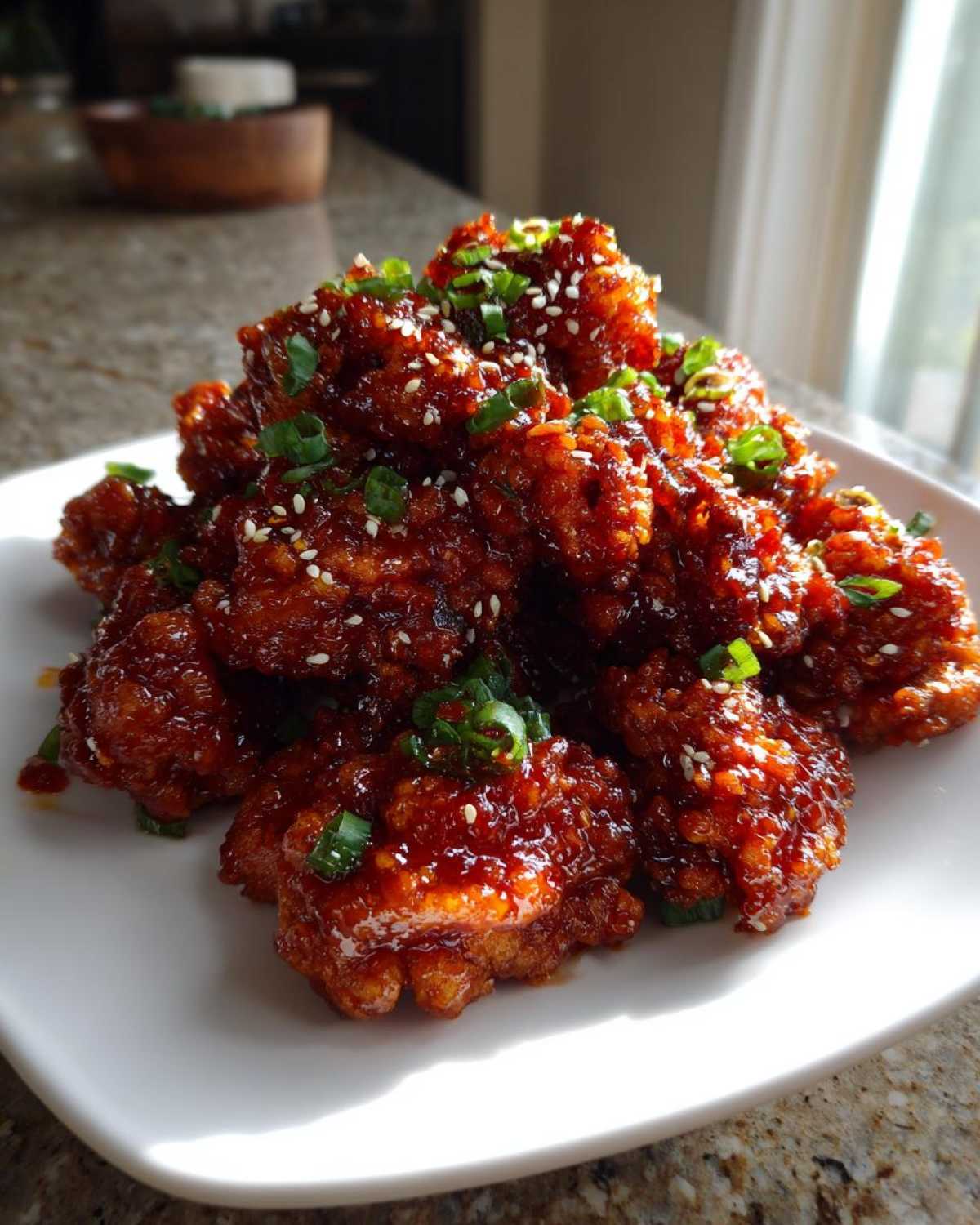A plate piled high with sticky, glossy, glazed korean fried chicken pieces, garnished with sesame seeds and green onions.