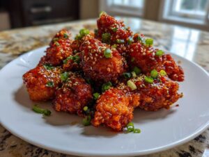 A pile of glossy, saucy korean fried chicken pieces garnished with sesame seeds and green onions.