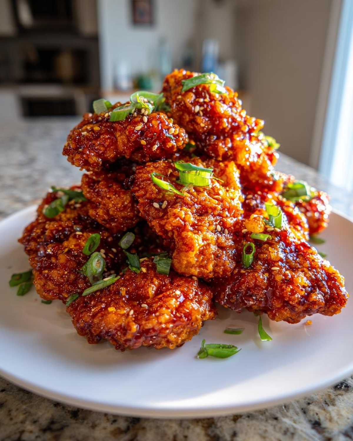 A mound of crispy, glazed korean fried chicken pieces topped with sesame seeds and sliced green onions.