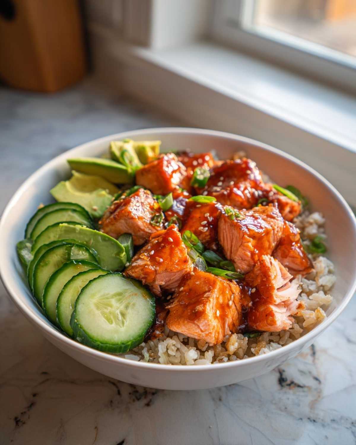 Close-up of glazed salmon cubes served over rice with sliced cucumbers and avocado in a white bowl, part of delicious salmon bowls.