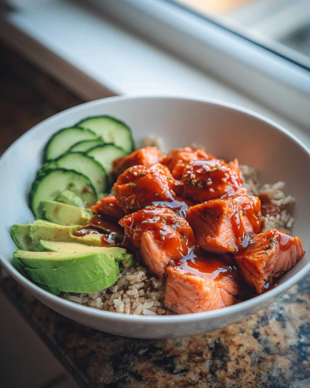 Close-up of appetizing salmon bowls featuring glazed salmon chunks over brown rice with avocado and cucumber slices.