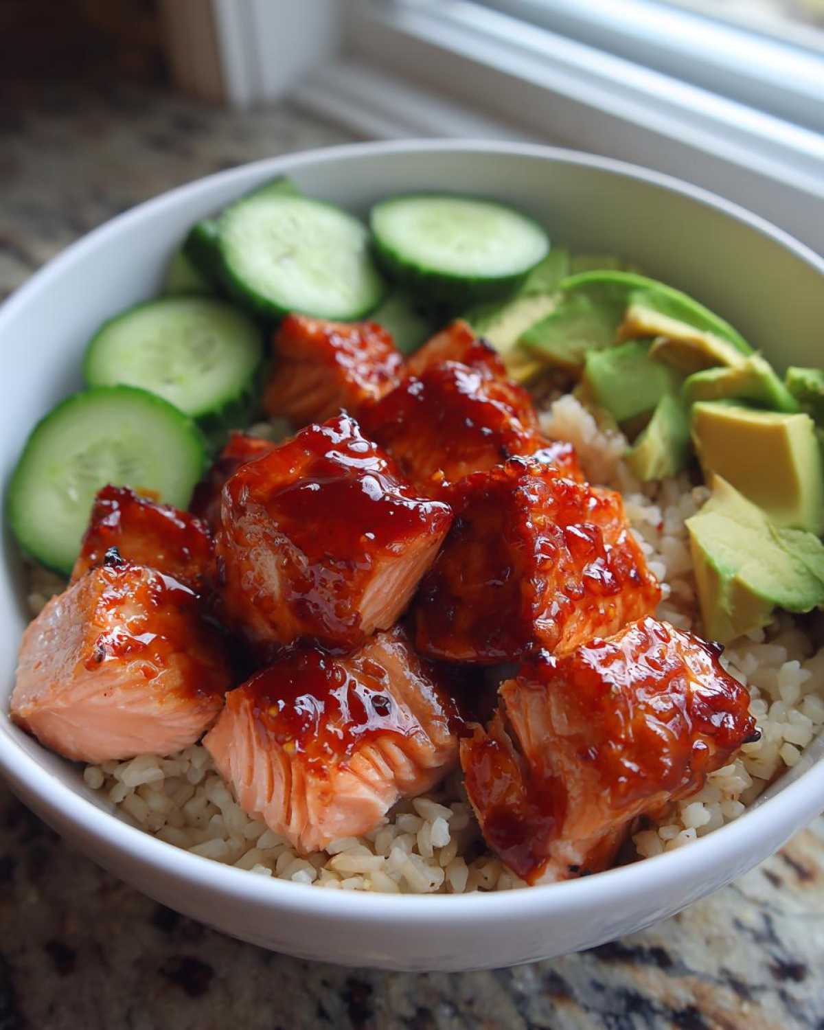 Close-up of glazed salmon cubes served over brown rice in a white bowl for salmon bowls, with sliced avocado and cucumber.