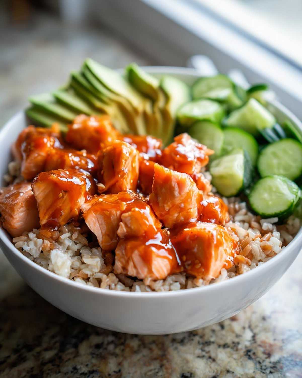 Close-up of a white bowl filled with brown rice, topped with glazed salmon cubes, sliced avocado, and cucumbers, ready to eat as salmon bowls.