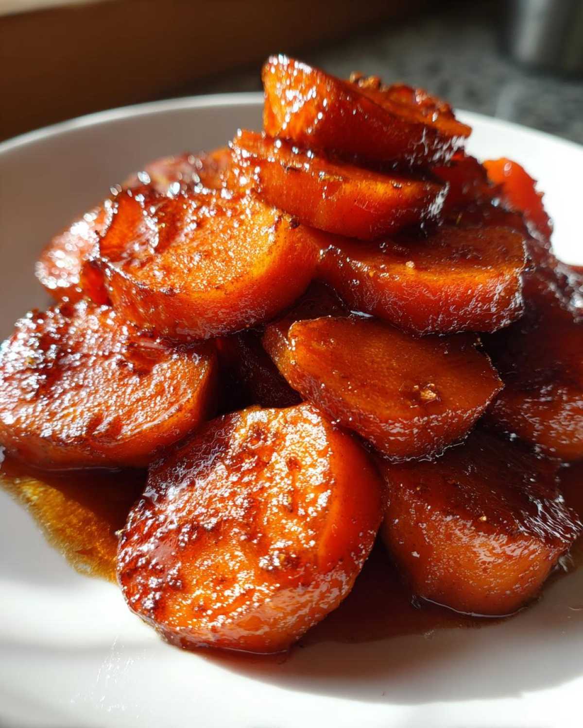 A close-up, appetizing shot of thick-cut candied sweet potatoes glistening with a dark brown glaze.