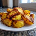 A close-up of golden brown, crispy roasted potatoes seasoned with herbs, piled on a white plate.