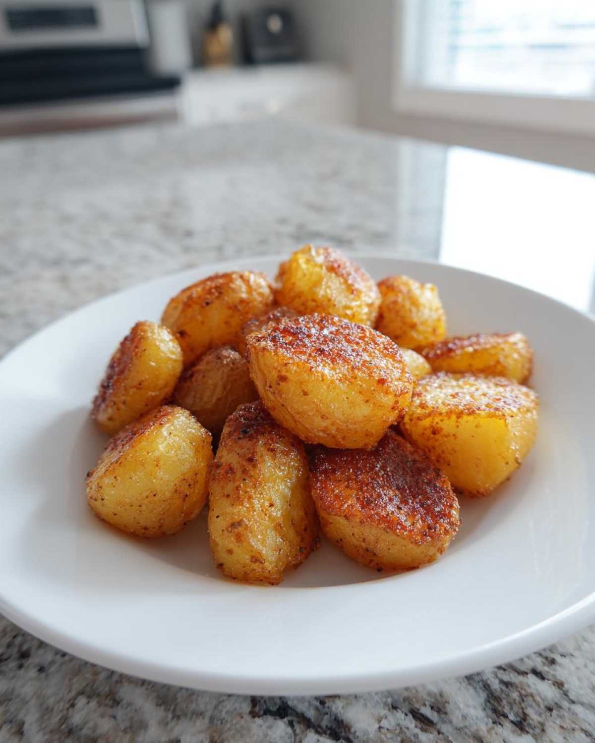 A close-up of golden brown, crispy roasted potatoes seasoned with spices, served on a white plate.