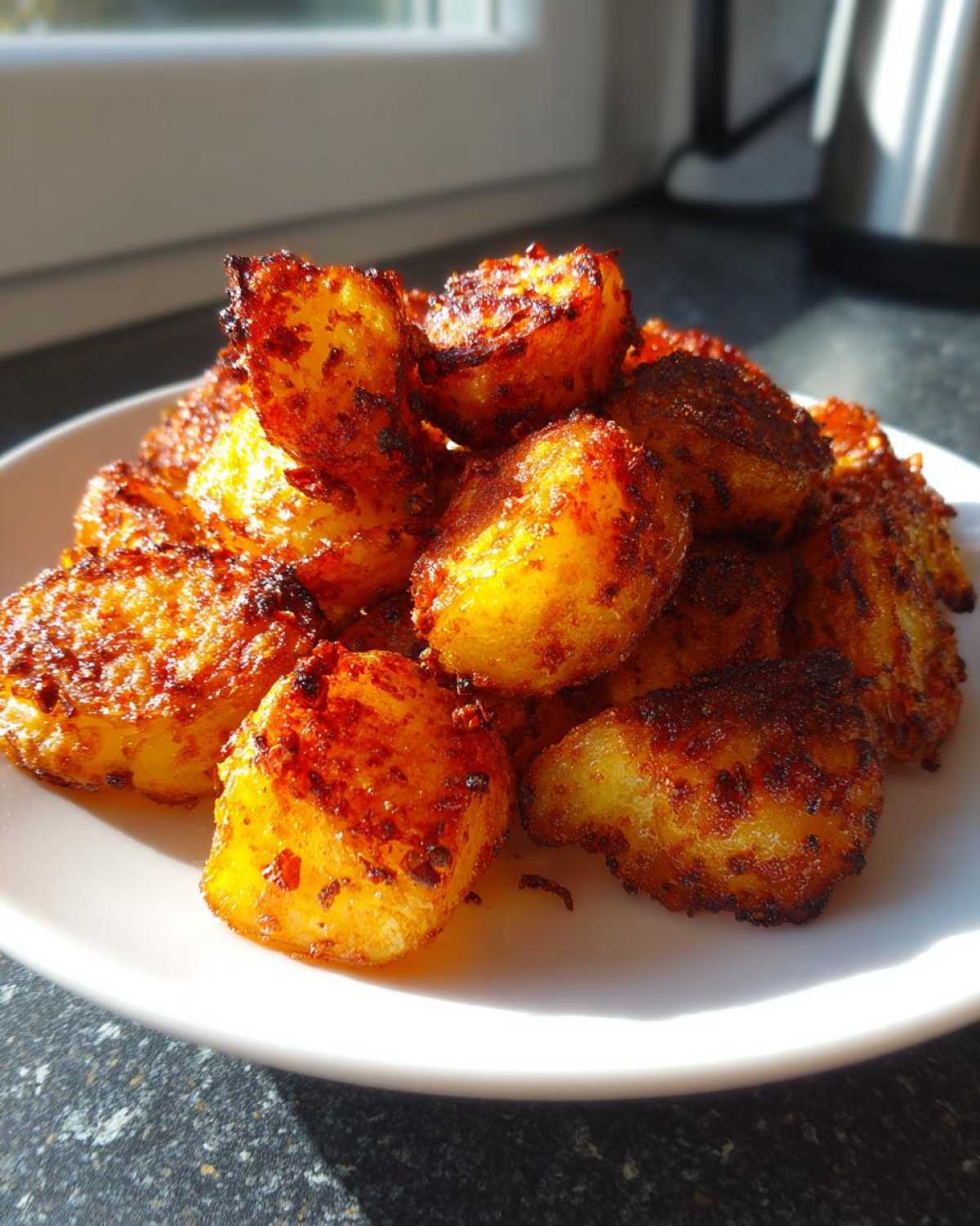 A pile of golden brown, crispy roasted potatoes seasoned with spices, served on a white plate.