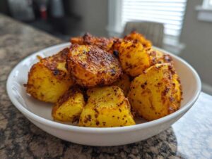 A close-up of golden brown, seasoned roasted potatoes piled high in a white bowl.