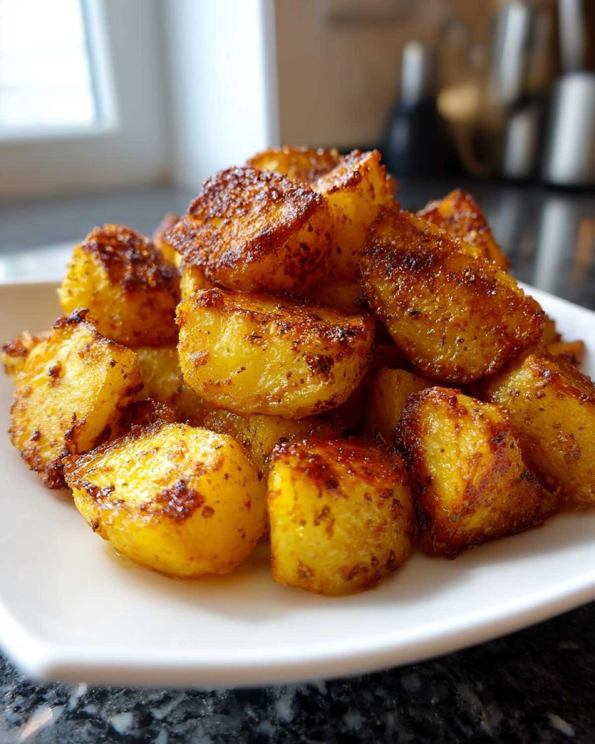 A close-up of golden brown, perfectly seasoned roasted potatoes piled high on a white plate.