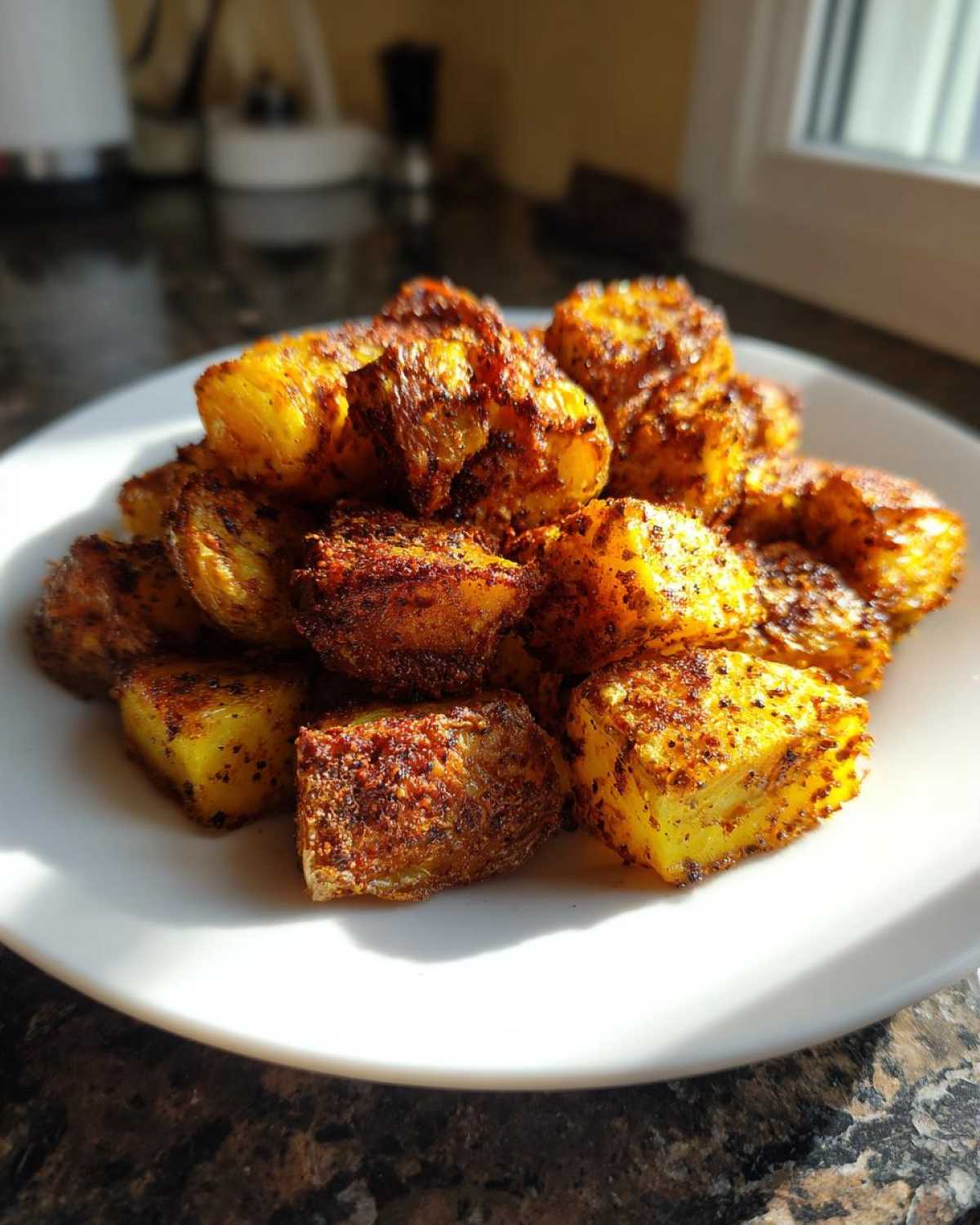 A close-up of golden, crispy roasted potatoes seasoned with spices piled on a white plate.