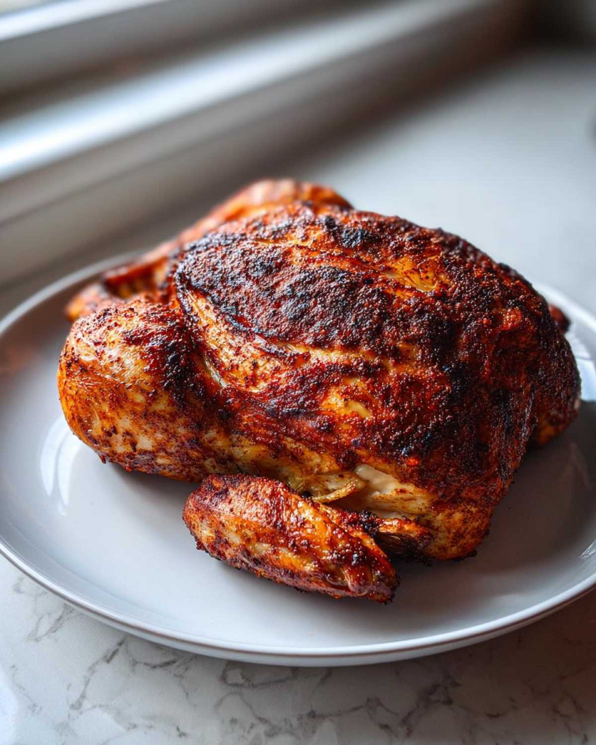 A whole, beautifully roasted spatchcock chicken with dark, crispy, seasoned skin resting on a white plate.