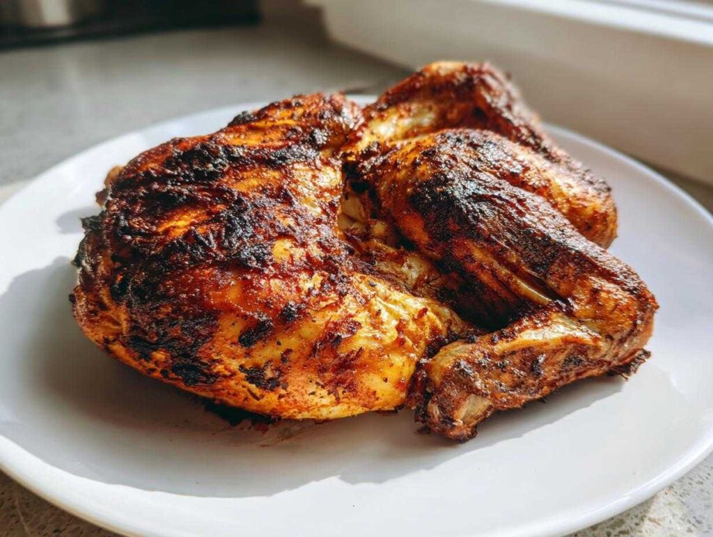A beautifully roasted, whole spatchcock chicken with crispy, dark brown skin resting on a white plate.