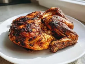 A beautifully roasted, whole spatchcock chicken with crispy, dark brown skin resting on a white plate.