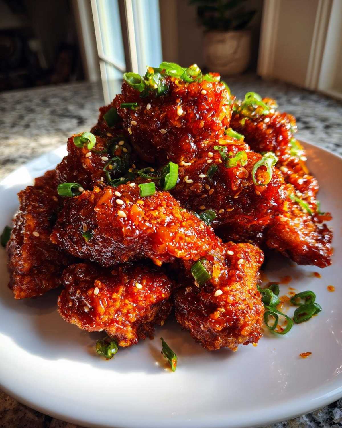 A mound of crispy, glossy korean fried chicken pieces coated in a spicy red sauce, garnished with sesame seeds and green onions.