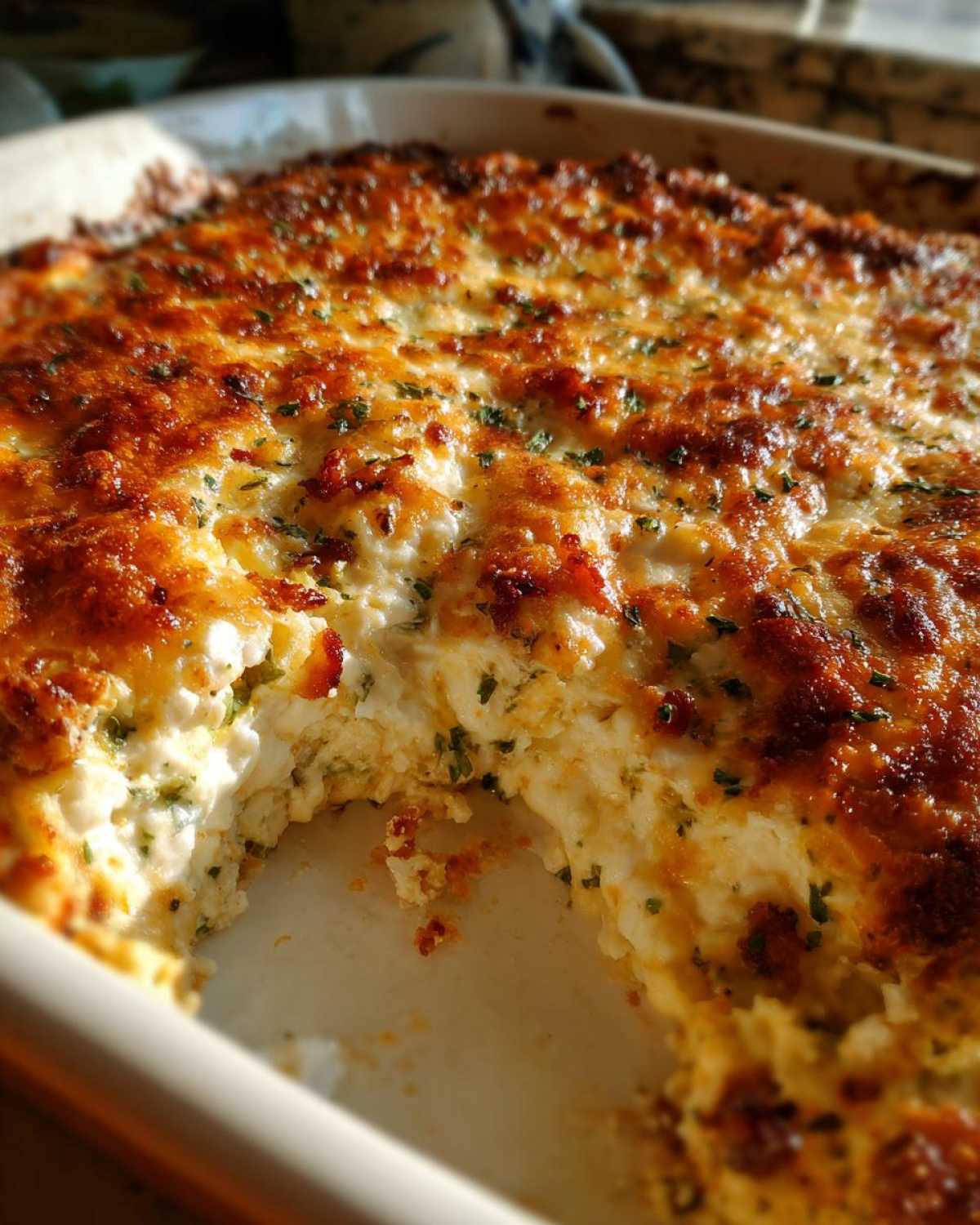Close-up of a creamy, baked popper dip with a golden, bubbly cheese crust, showing a scoop already taken out.