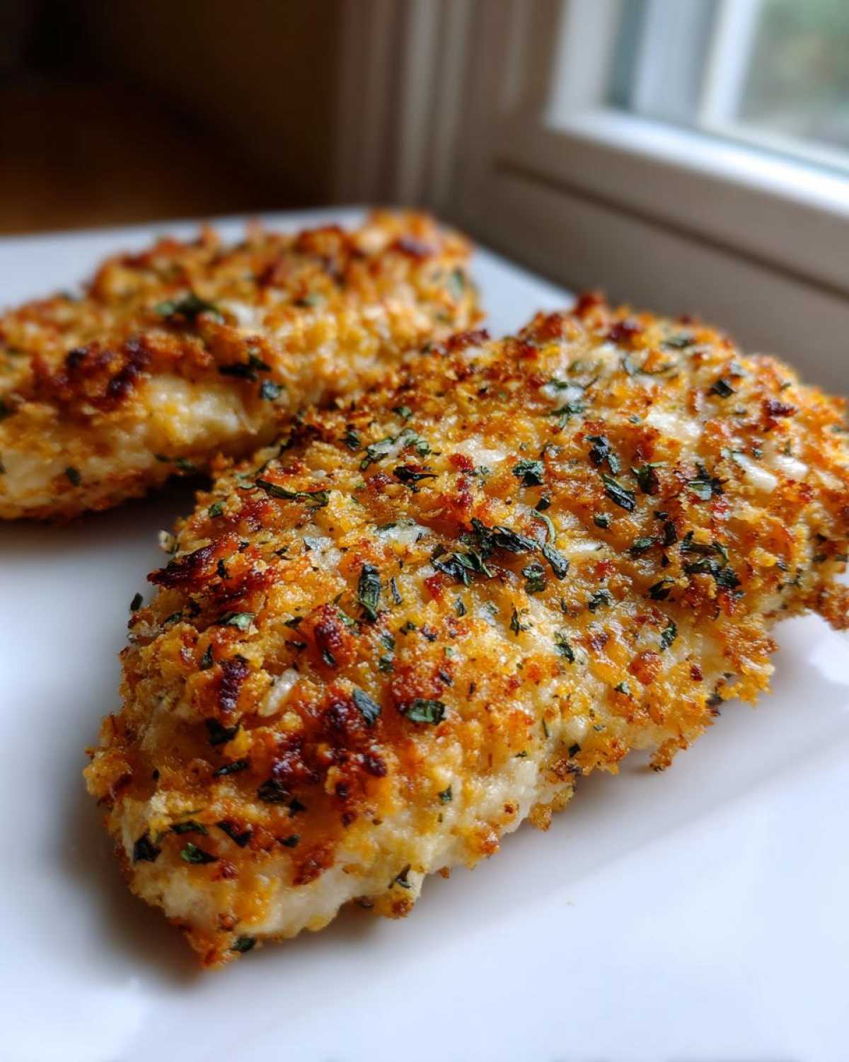 Close-up of two golden-brown, baked crispy cheddar chicken fillets topped with herbs on a white plate.