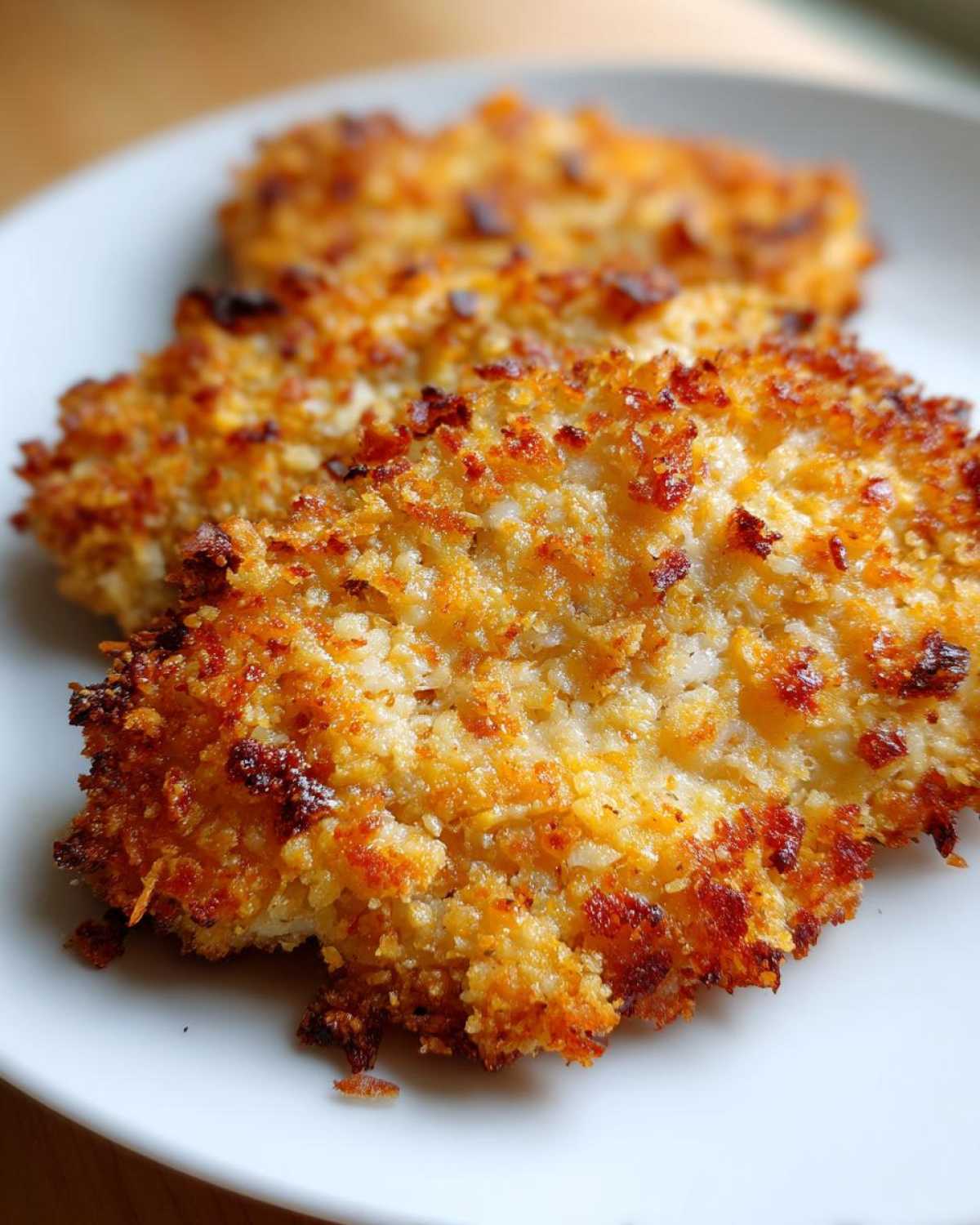 Close-up of three golden brown, baked crispy cheddar chicken fillets resting on a white plate.