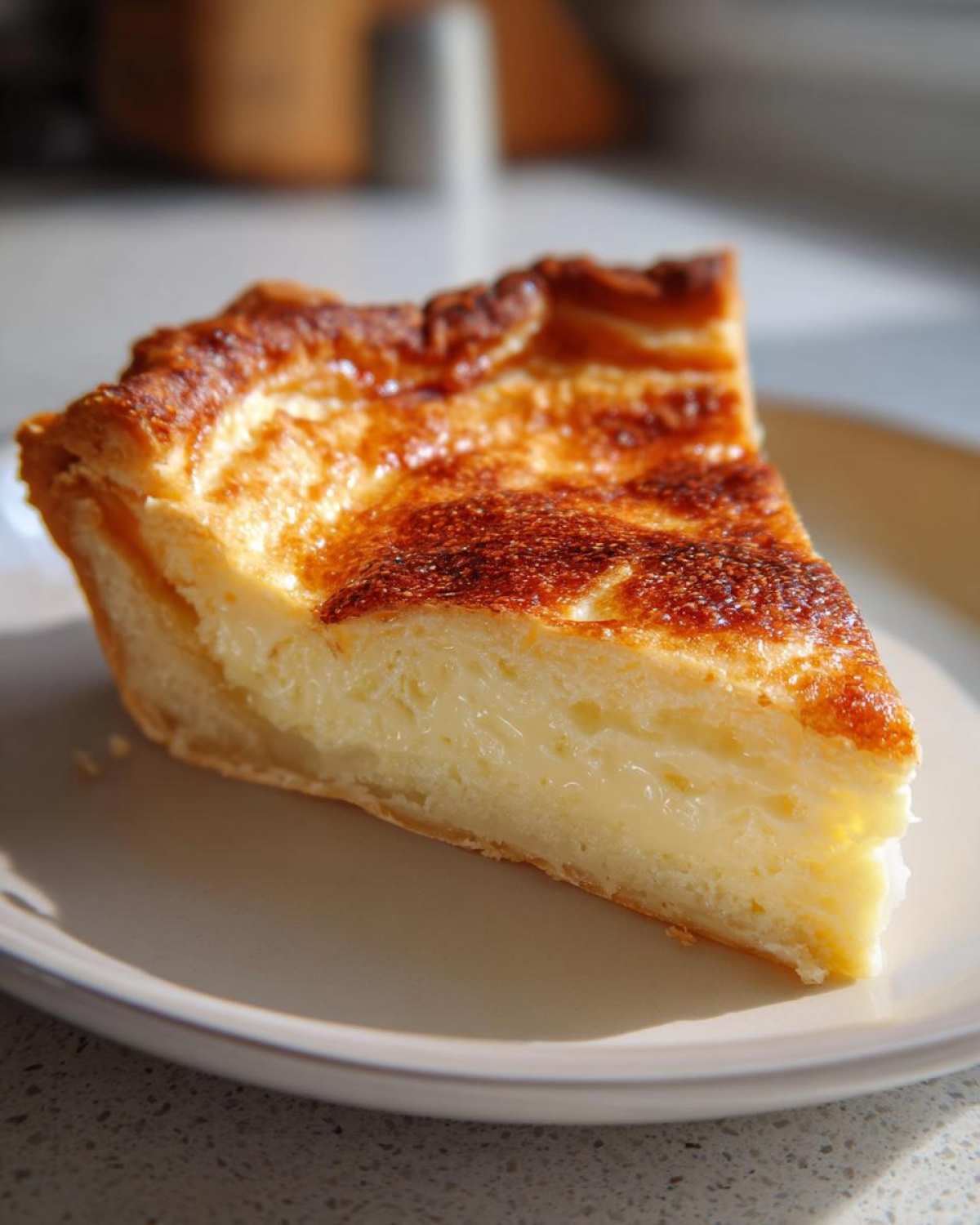 A close-up of a thick slice of creamy custard pie with a deeply browned, caramelized top crust.