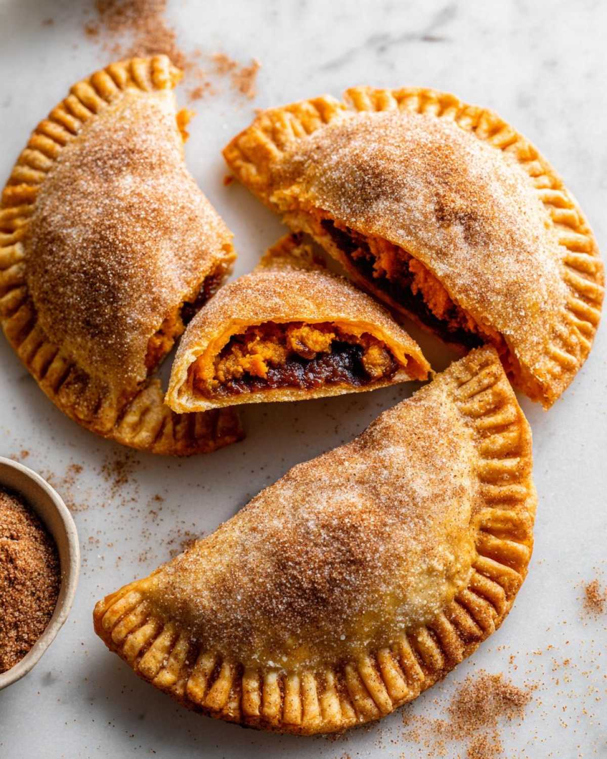 Close-up of golden baked pumpkin empanadas dusted heavily with cinnamon sugar, one cut open showing the filling.