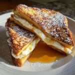 Two halves of golden brown stuffed french toast filled with cream cheese, dusted with powdered sugar, and drizzled with syrup.