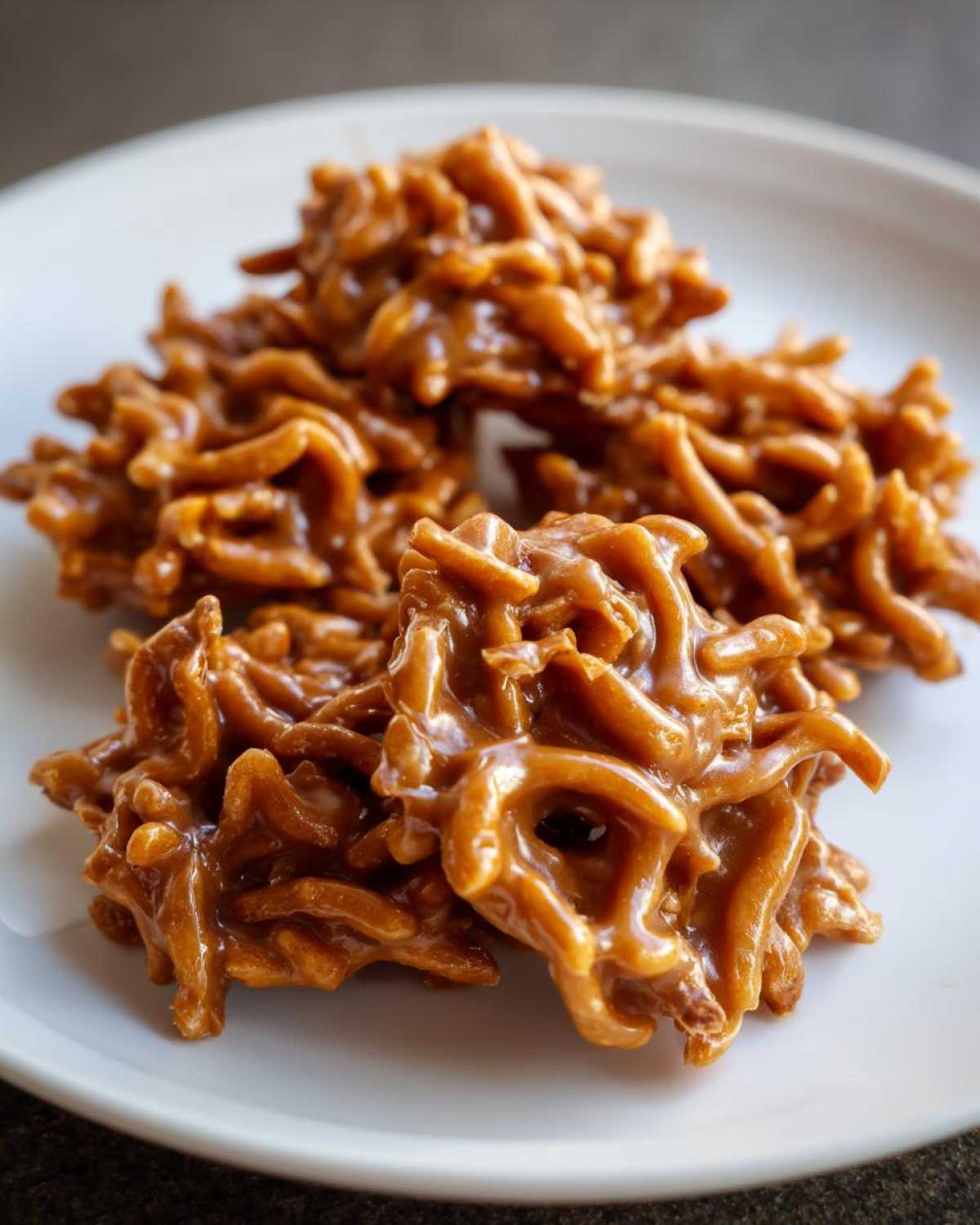 A close-up of several glossy, caramel-colored haystack cookies piled on a white plate.