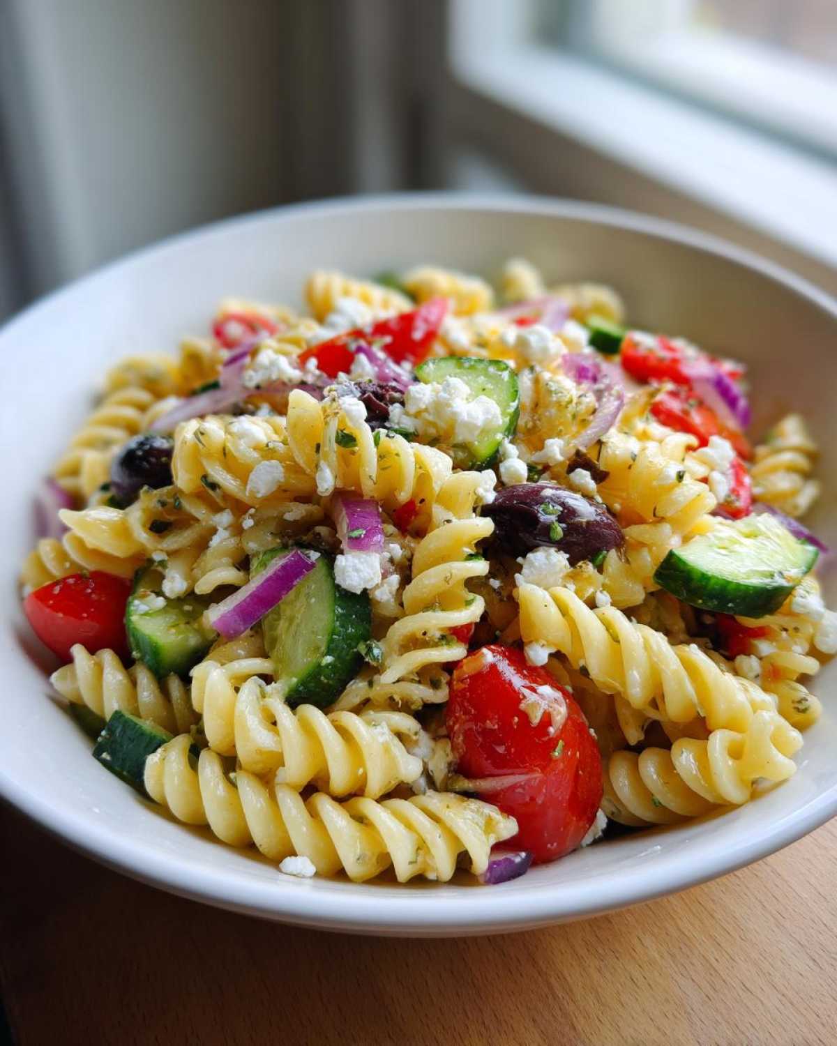 A close-up of a vibrant greek pasta salad featuring rotini pasta, cucumber, tomatoes, red onion, olives, and feta cheese.