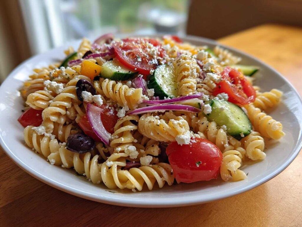 A vibrant bowl of greek pasta salad featuring rotini pasta, cucumber, tomatoes, red onion, Kalamata olives, and feta cheese.