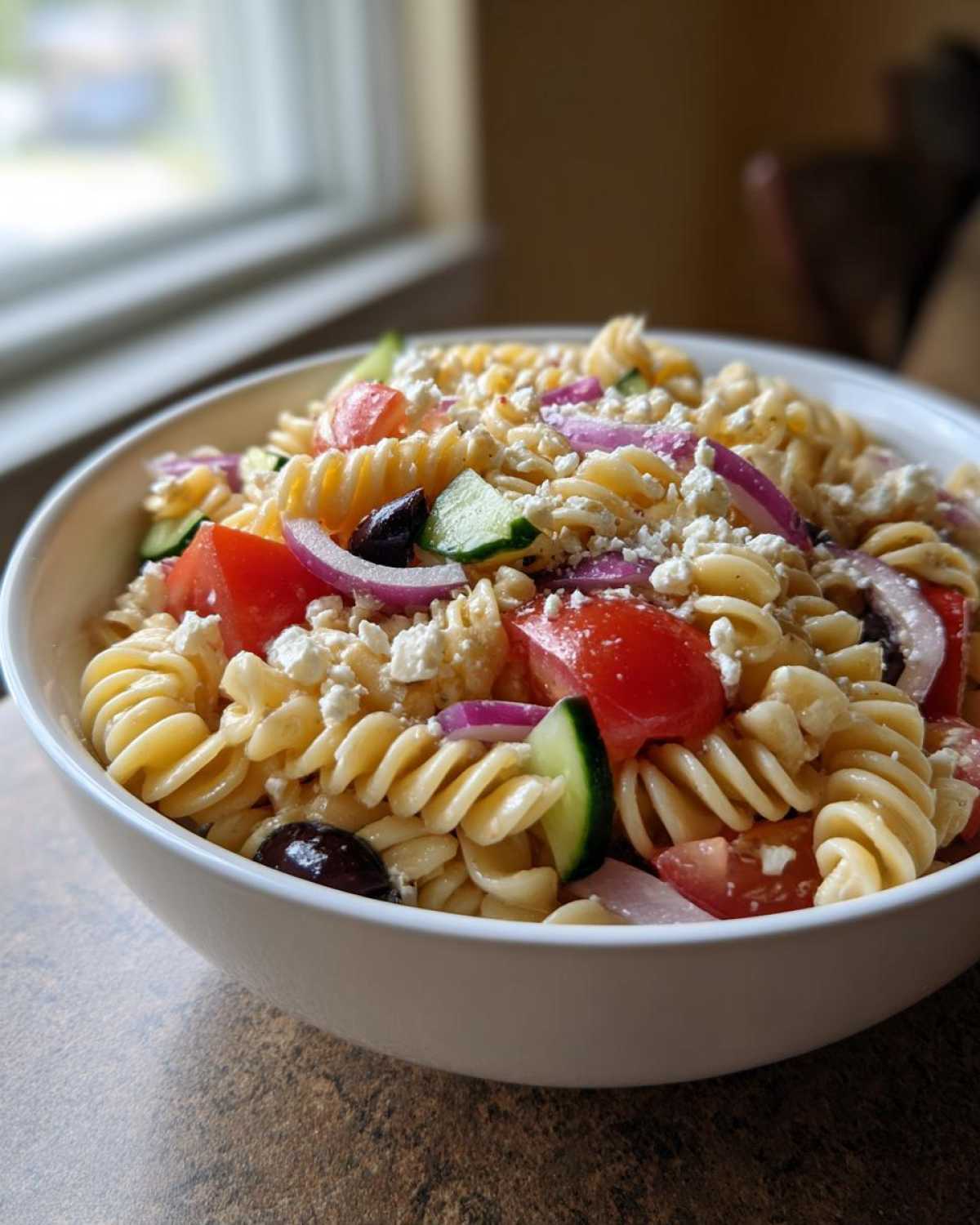 Close-up of a white bowl filled with vibrant greek pasta salad featuring rotini, tomatoes, cucumber, red onion, and feta.