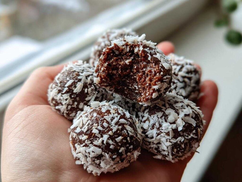 A hand holding several rich, dark chocolate coconut balls rolled in shredded coconut flakes.