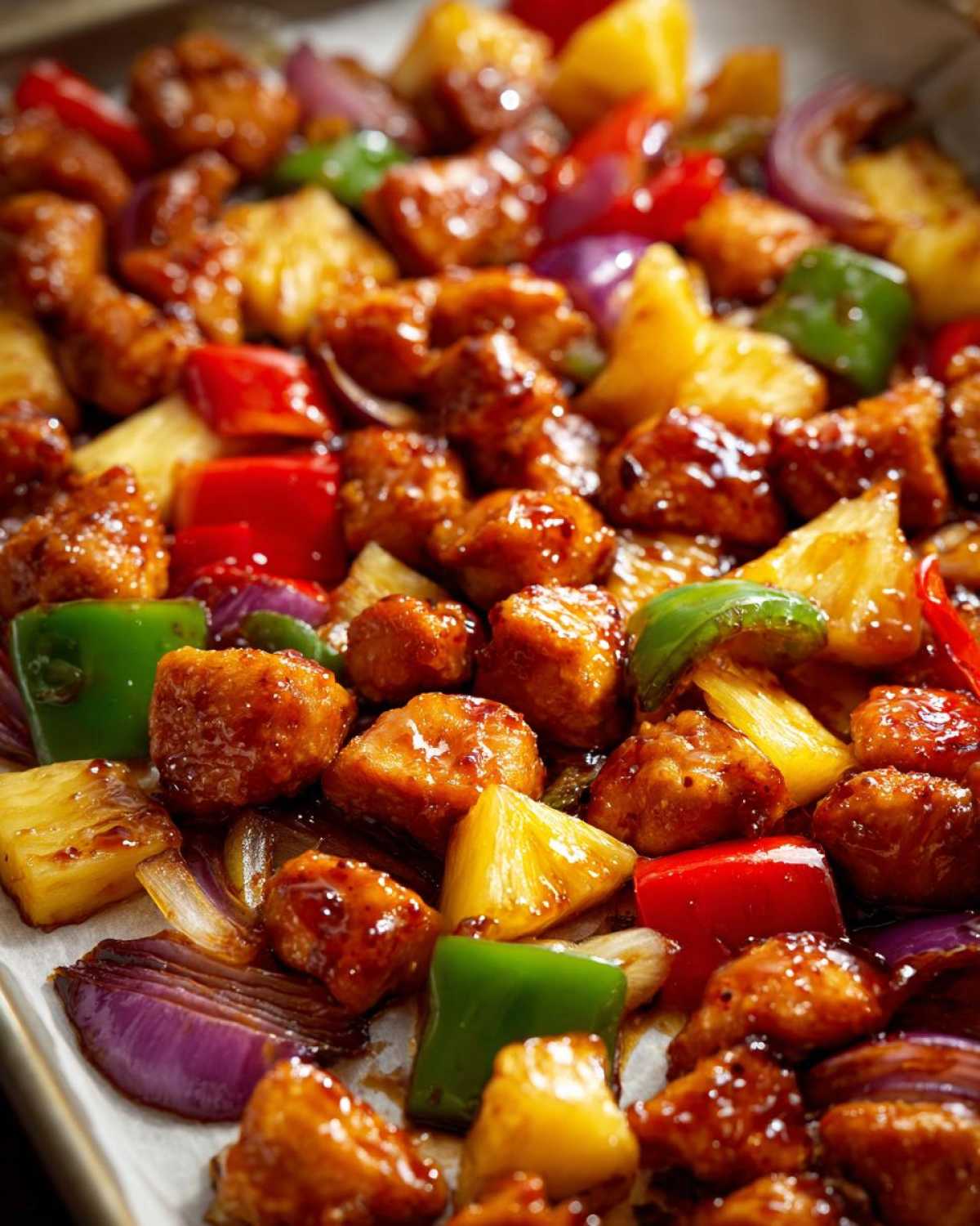 Close-up of glazed chicken pieces, pineapple chunks, red onion, and bell peppers from the hawaiian chicken sheet pan recipe.