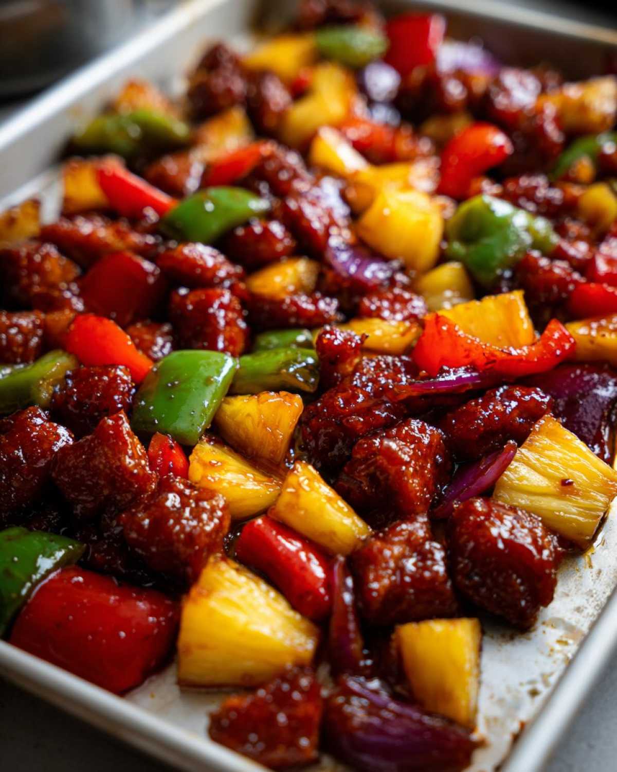 Close-up of glazed chicken pieces mixed with pineapple, red, green peppers, and red onion on a sheet pan for hawaiian chicken sheet pan.