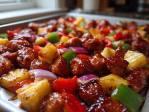 Close-up of glazed chicken pieces, pineapple chunks, red onion, and bell peppers on a sheet pan for hawaiian chicken sheet pan.