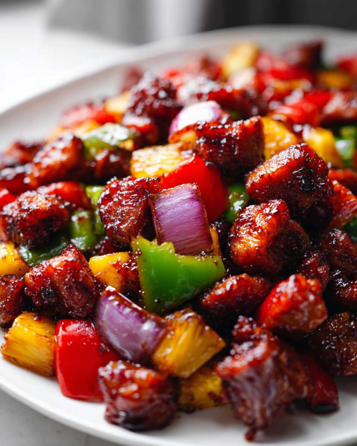 Close-up of glazed, caramelized chicken chunks mixed with pineapple, red onion, and bell peppers from the hawaiian chicken sheet pan.