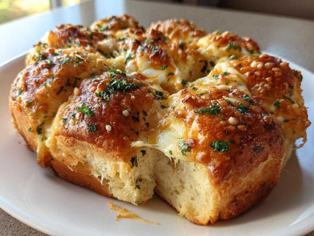 A cluster of golden-brown Hawaiian roll garlic bread, topped with melted cheese and fresh parsley.