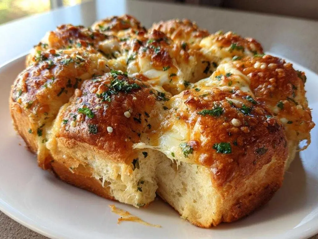 A cluster of golden-brown Hawaiian roll garlic bread, topped with melted cheese and fresh parsley.