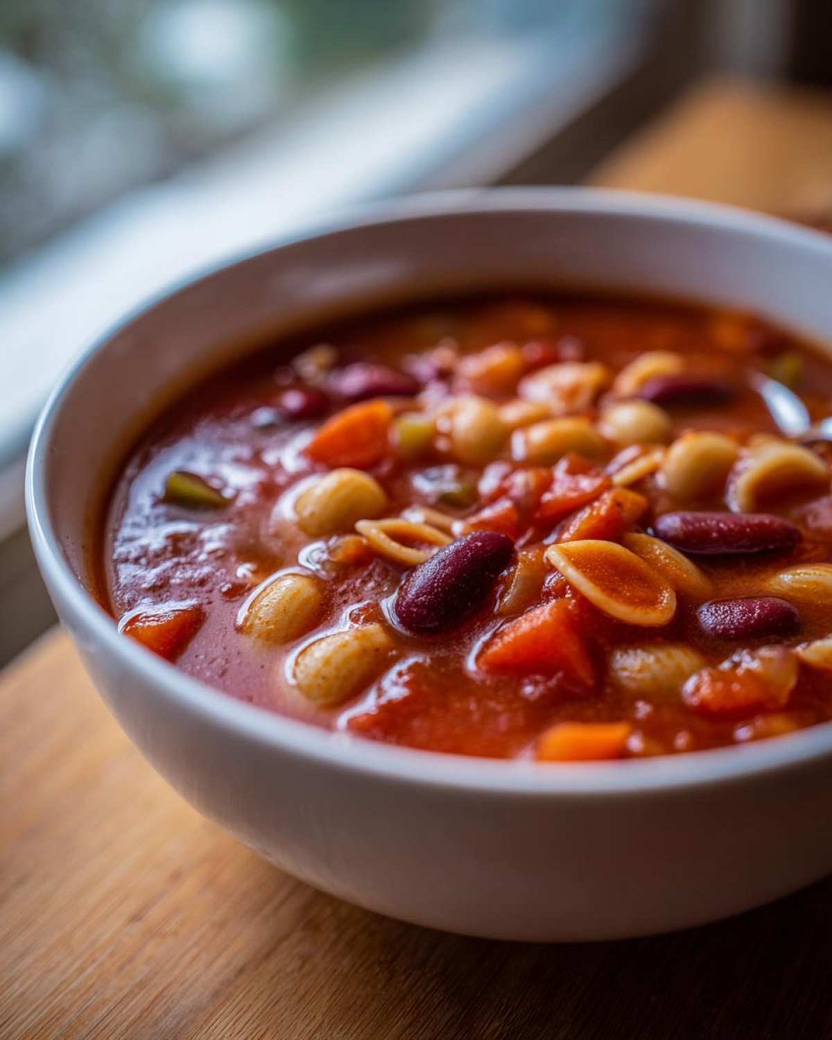 Close-up of a white bowl filled with rich, tomato-based minestrone soup featuring small pasta shells, kidney beans, and diced carrots.