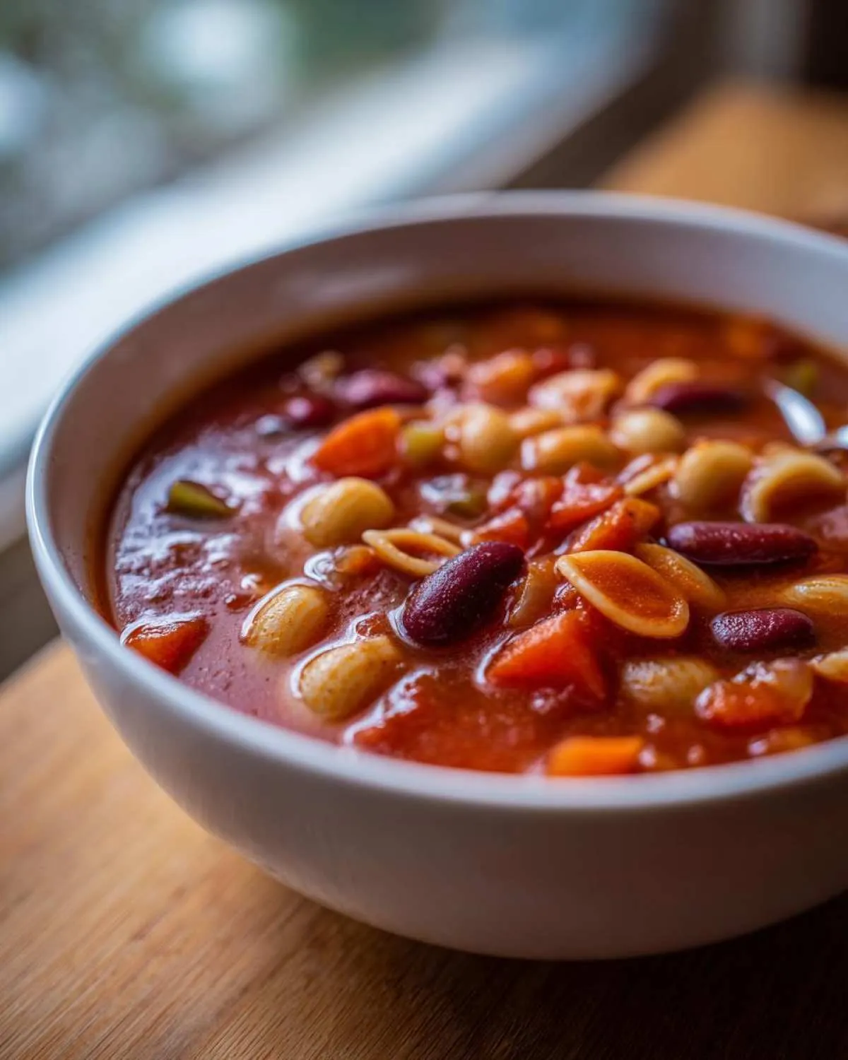 Close-up of a white bowl filled with rich, tomato-based minestrone soup featuring small pasta shells, kidney beans, and diced carrots.