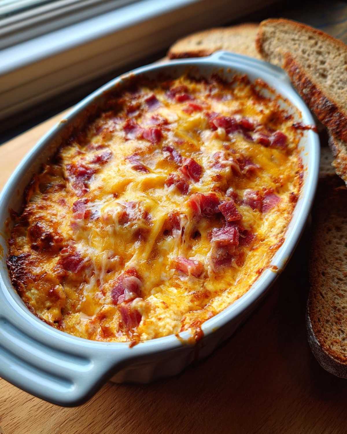 Close-up of a hot, baked reuben dip topped with melted cheese and diced corned beef in a light blue oval dish.