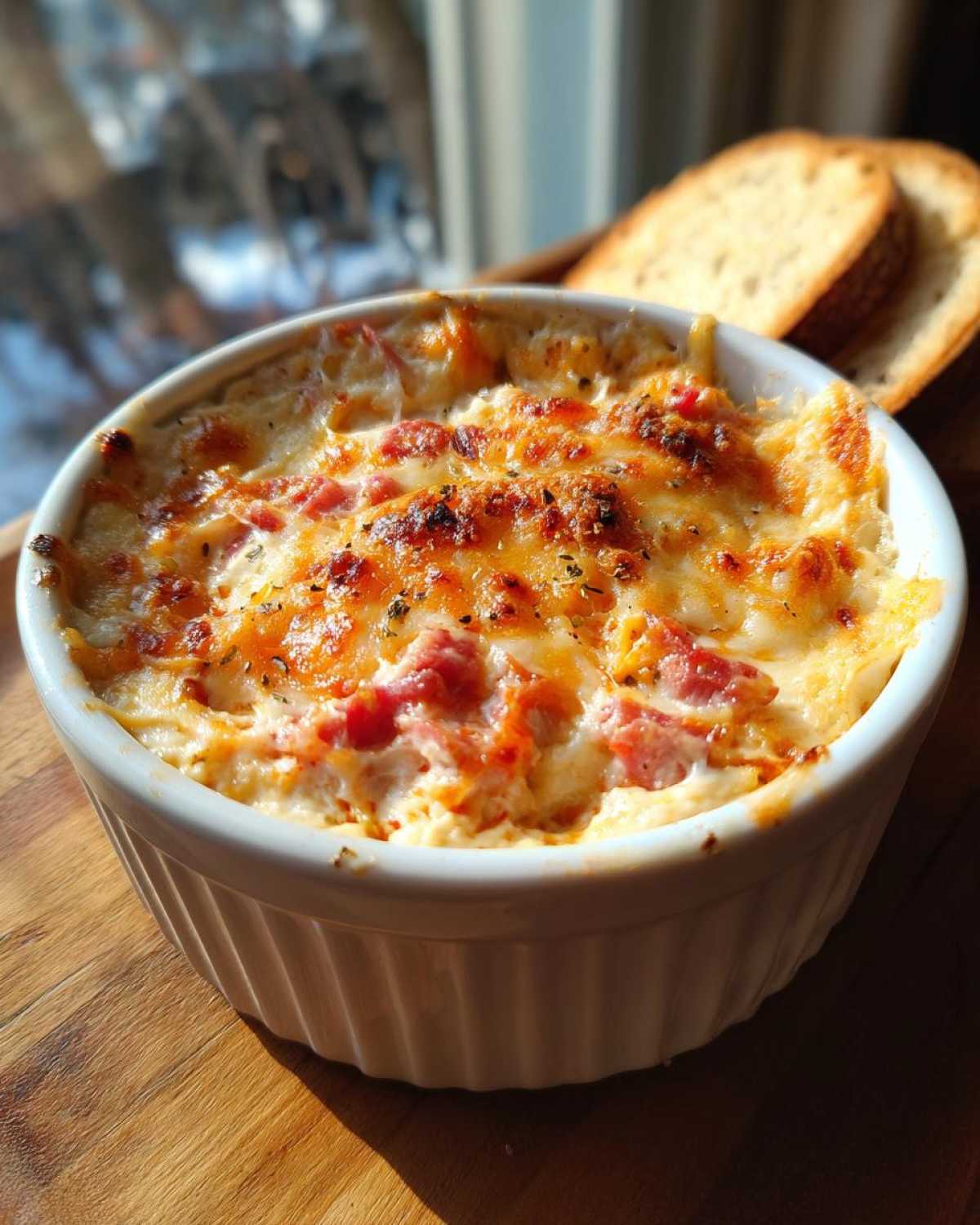 A close-up of hot, baked reuben dip topped with melted, browned cheese, served in a white ramekin next to slices of rye bread.