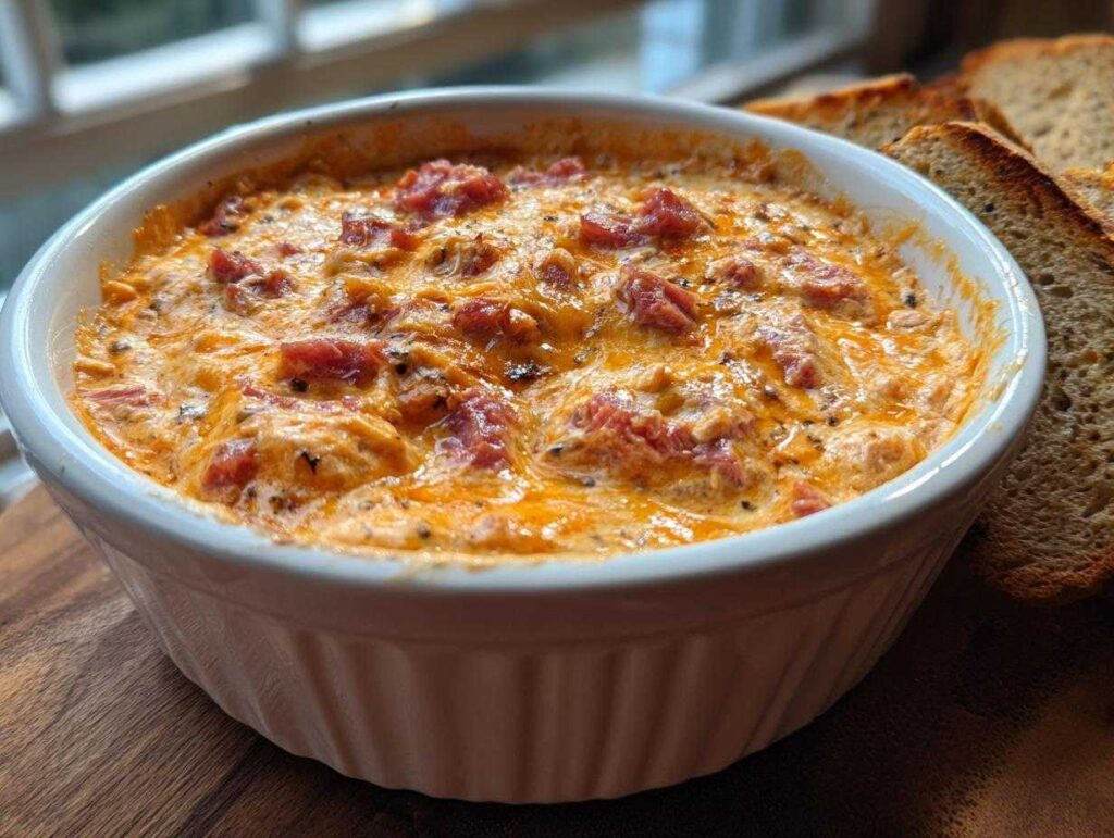 A close-up of a hot, baked reuben dip with melted cheese and corned beef chunks, served with toasted rye bread slices.