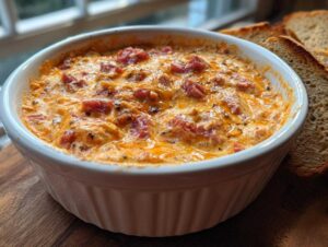 A close-up of a hot, baked reuben dip with melted cheese and corned beef chunks, served with toasted rye bread slices.