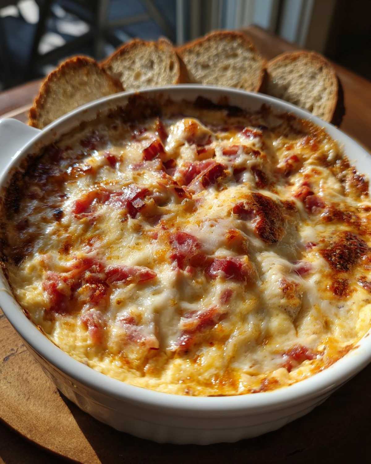 Close-up of a bubbling, cheesy reuben dip topped with corned beef, served hot in a white dish with toasted bread.